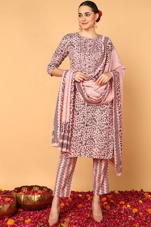 Plus Size Pink Silk Blend Floral Printed Straight Style Suit Set